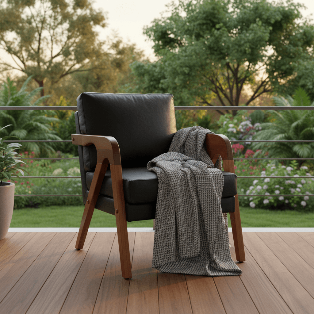 Poltrona preta com luminária de piso e tapete claro