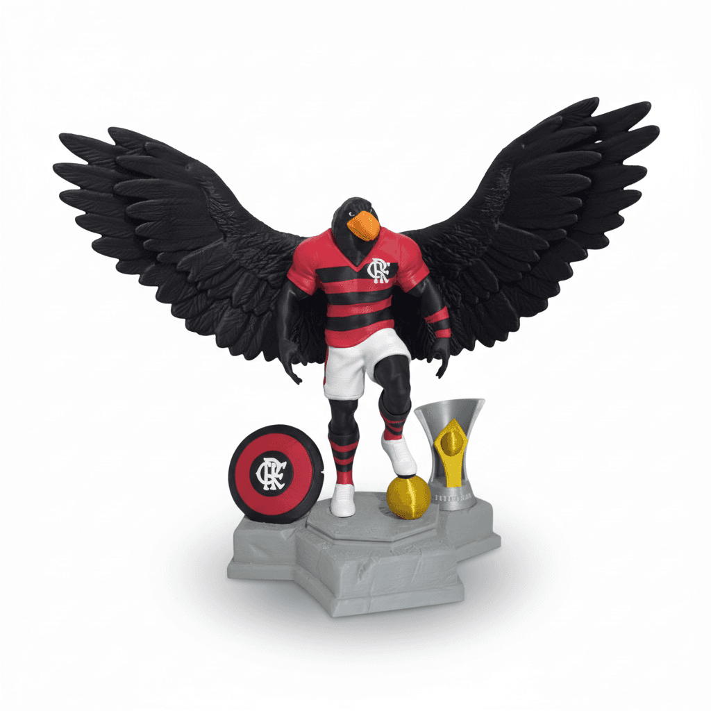 Mascote do Flamengo ao lado de vitrine de troféus